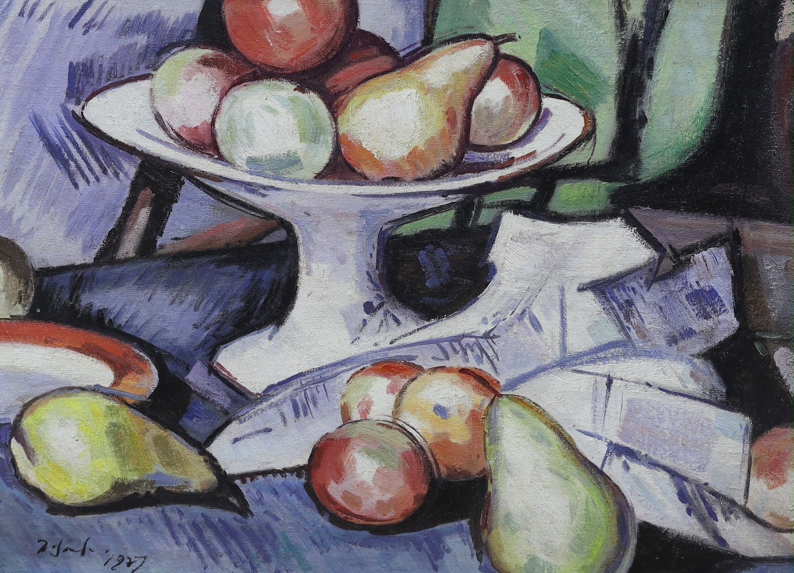 Scottish Colourist, a modern oil on canvas board, bearing indistinct signature and date 1927, still life of fruit, 39 x 49cm